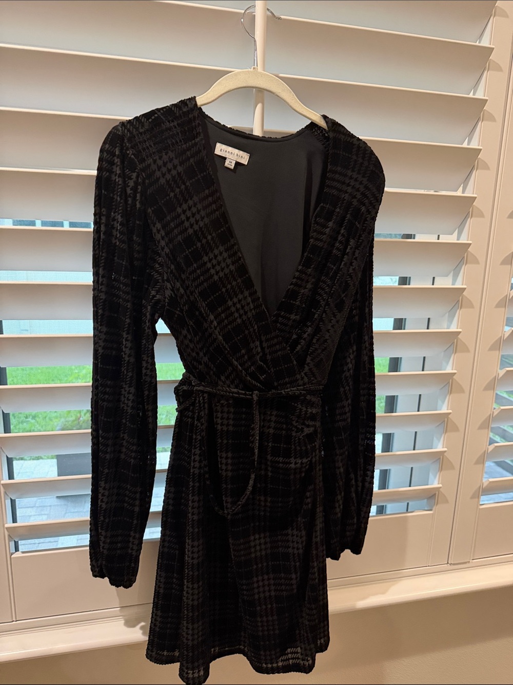 Gianni Bini Black Velvet Plaid Long Sleeve Wrap Dress